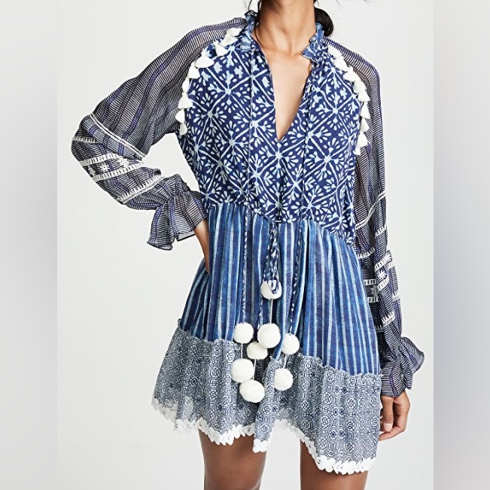 HEMANT & NANDITA Blue White Patterned Tassel Mini Dress